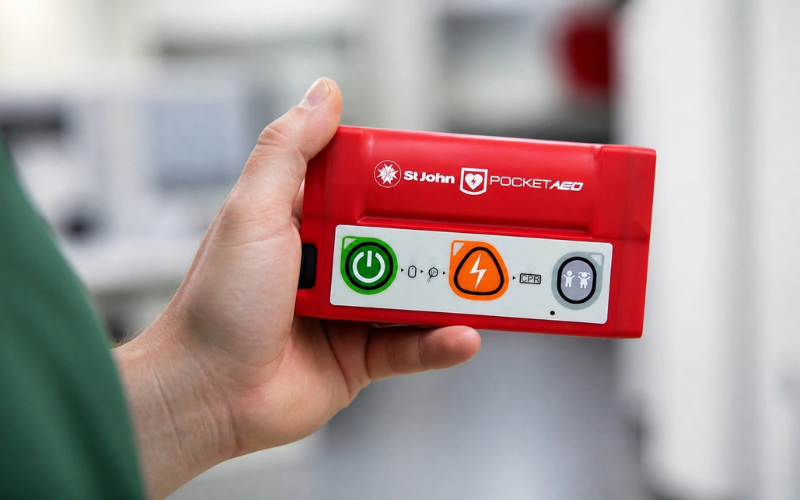 St John Pocket AED device held in hand
